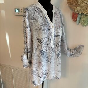 ITALIAN Made Long Sleeve White Geo Print Woven Viscose Long Tunic Top! Sequins M